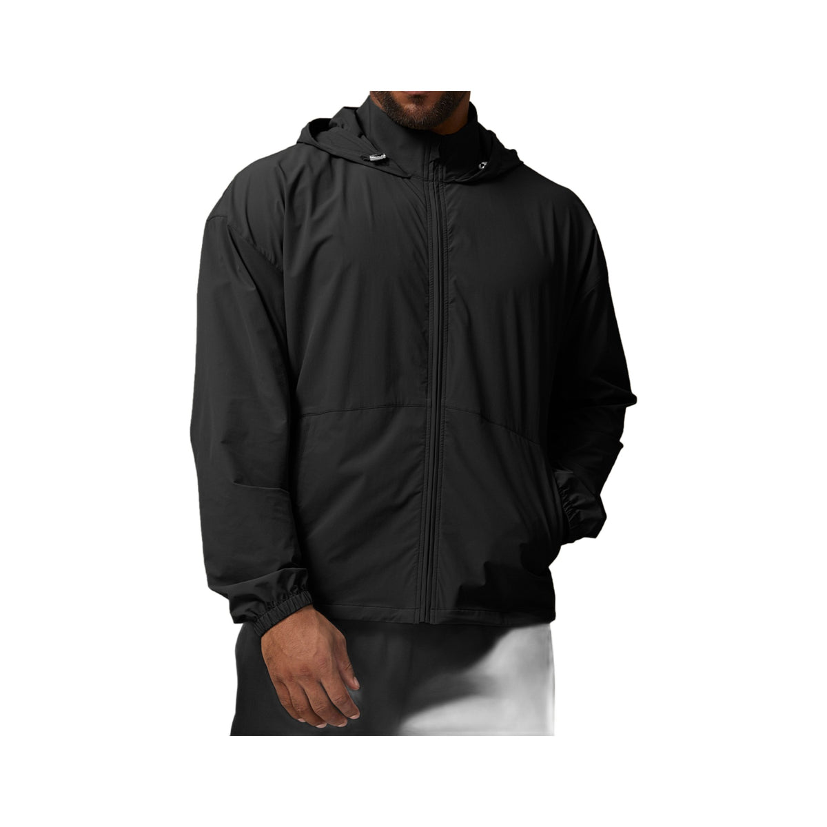 Hooded Stretch Windbreaker in Premium Black, photographed on a white background