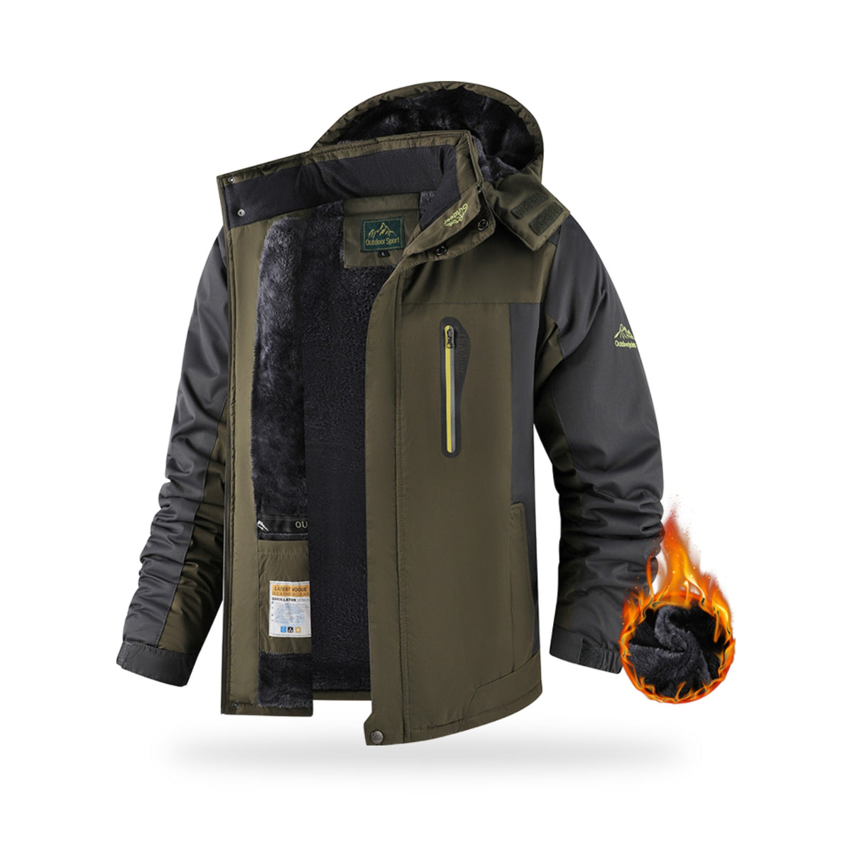 Fleece-Lined Hooded Trail Jacket in Army Green, photographed on a white background