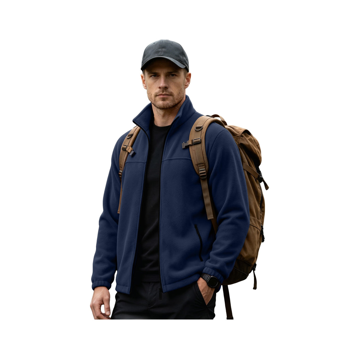 Full-Zip Trail Fleece Jacket in Navy Blue, photographed on a white background