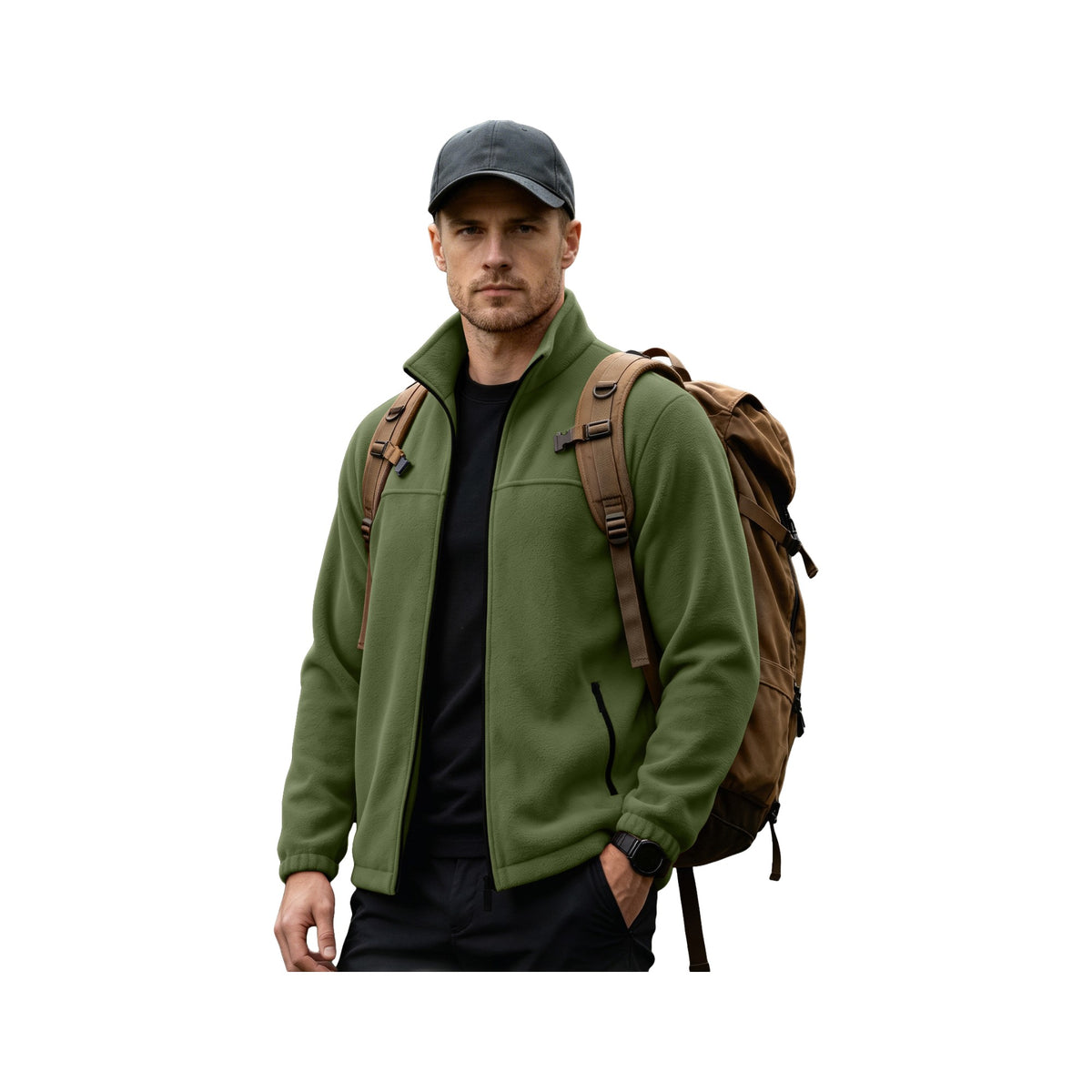 Full-Zip Trail Fleece Jacket in Army Green, photographed on a white background