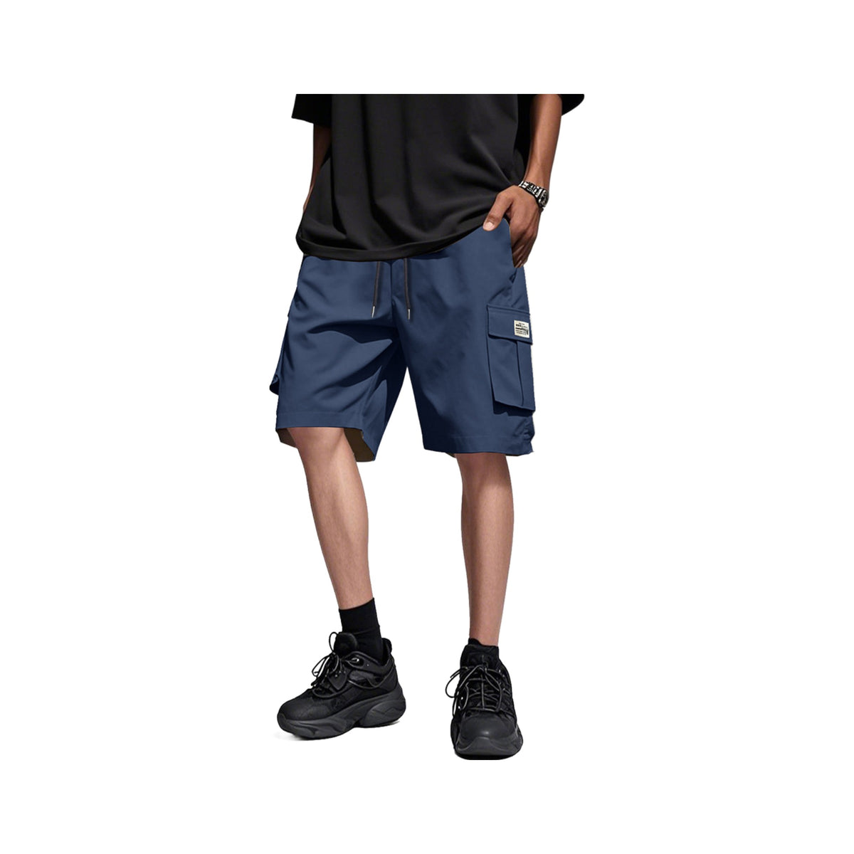 Drawstring Cargo Trail Shorts in Navy Blue, photographed on a white background