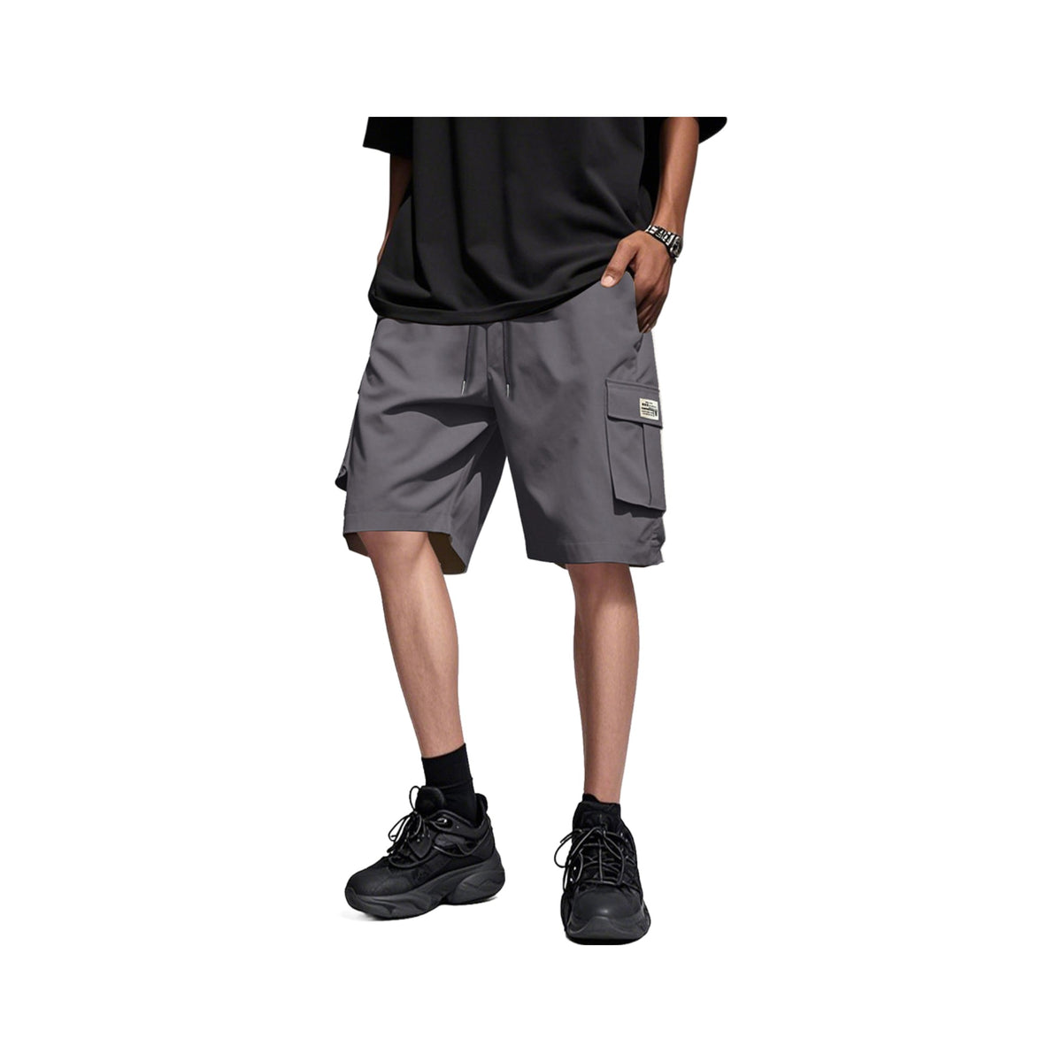 Drawstring Cargo Trail Shorts in Dark Gray, photographed on a white background