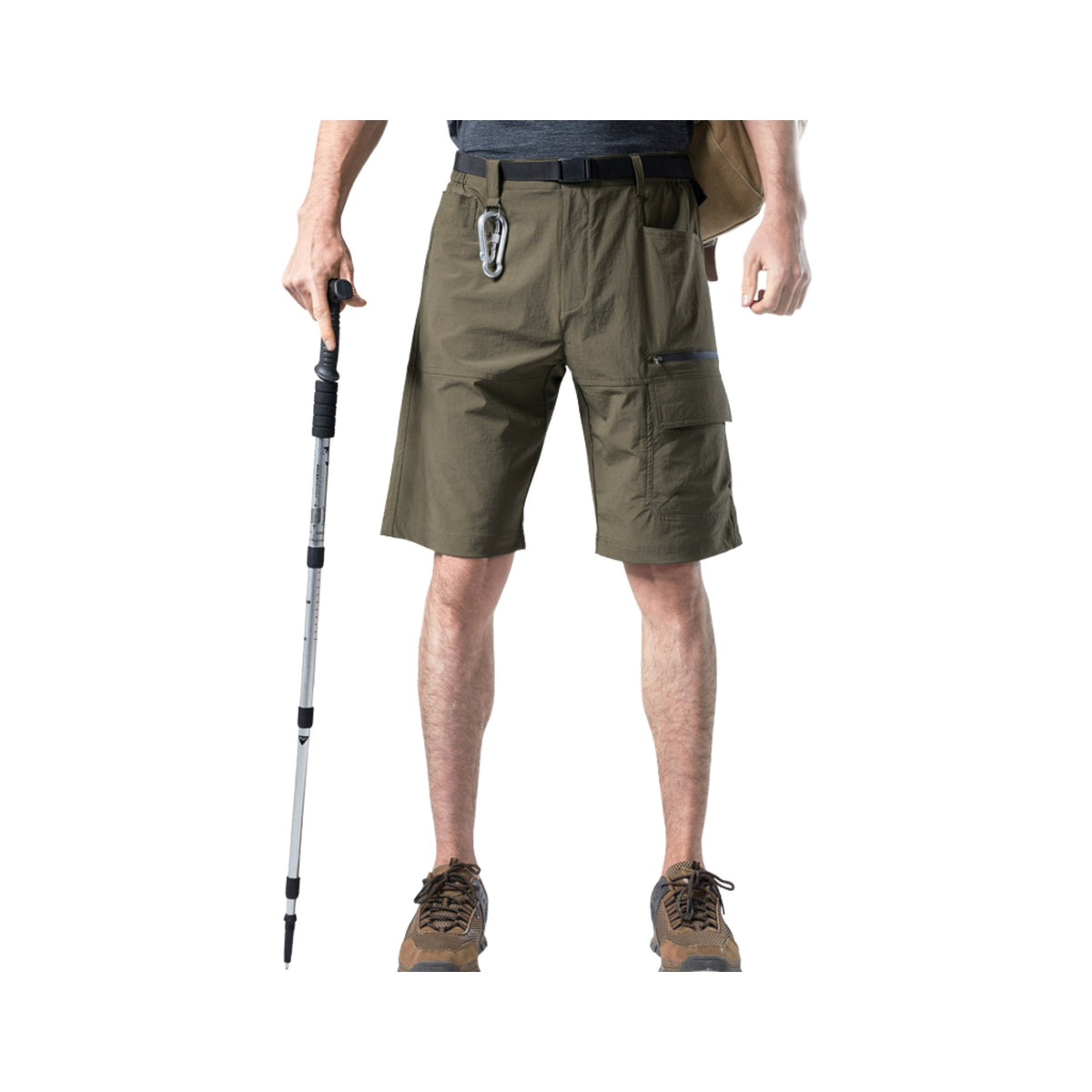 Stretch Cargo Hiking Shorts in Green, photographed on a white background