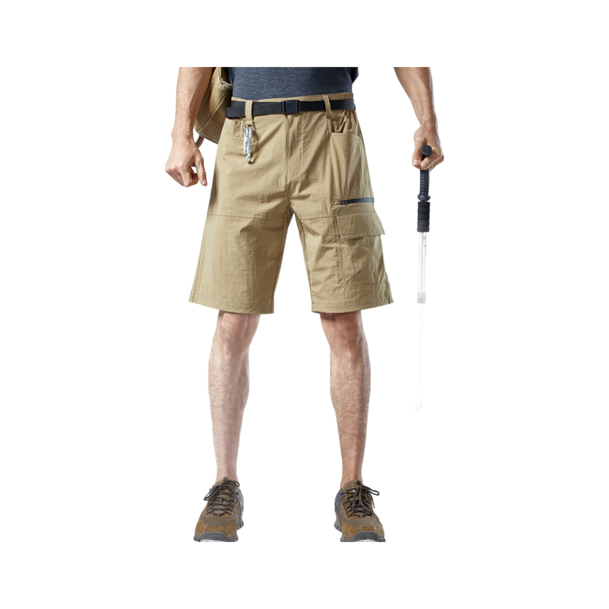 Stretch Cargo Hiking Shorts in Khaki, photographed on a white background