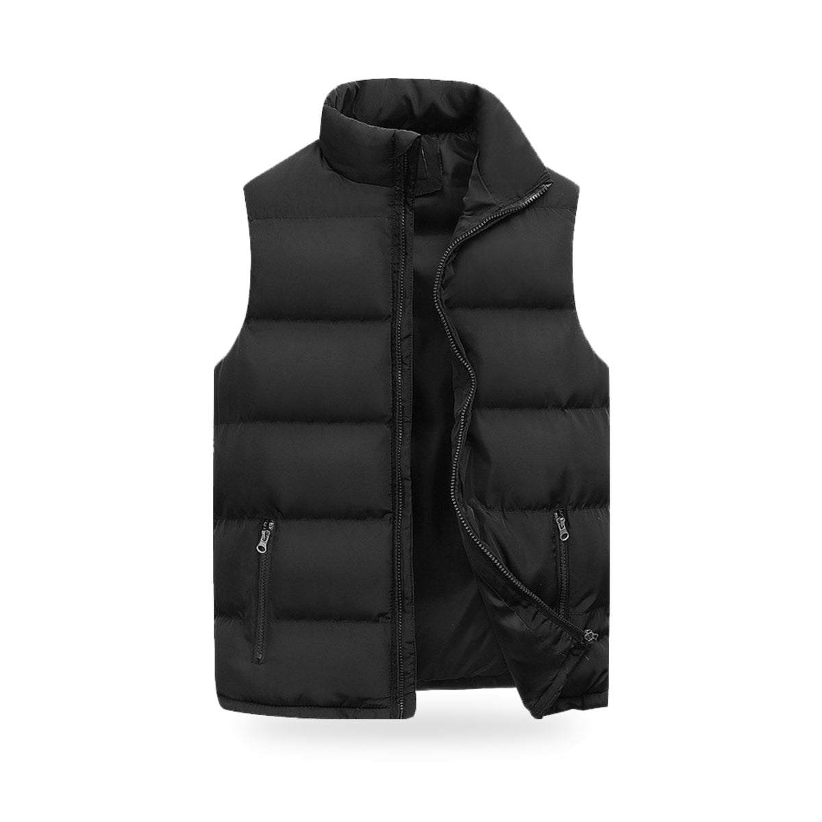 Quilted Puffer Vest in Black, photographed on a white background