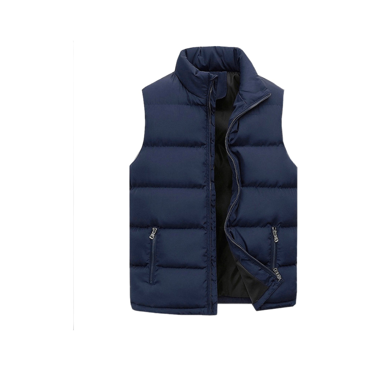Quilted Puffer Vest in Navy Blue, photographed on a white background
