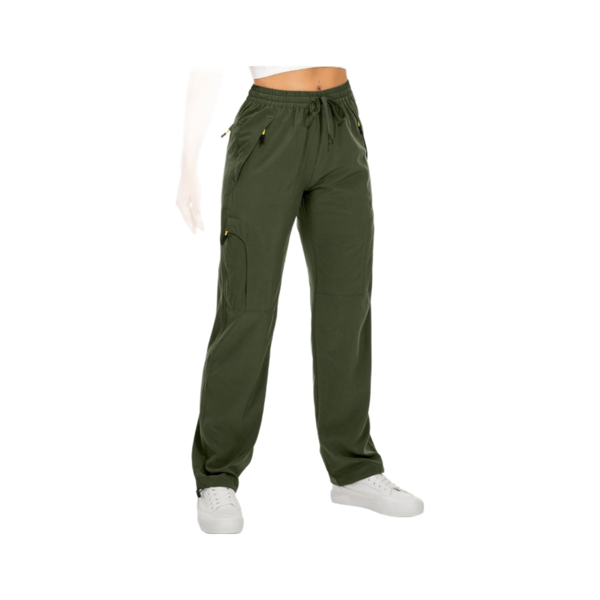 Women’s Drawstring Cargo Trail Pants in Army Green, photographed on a white background