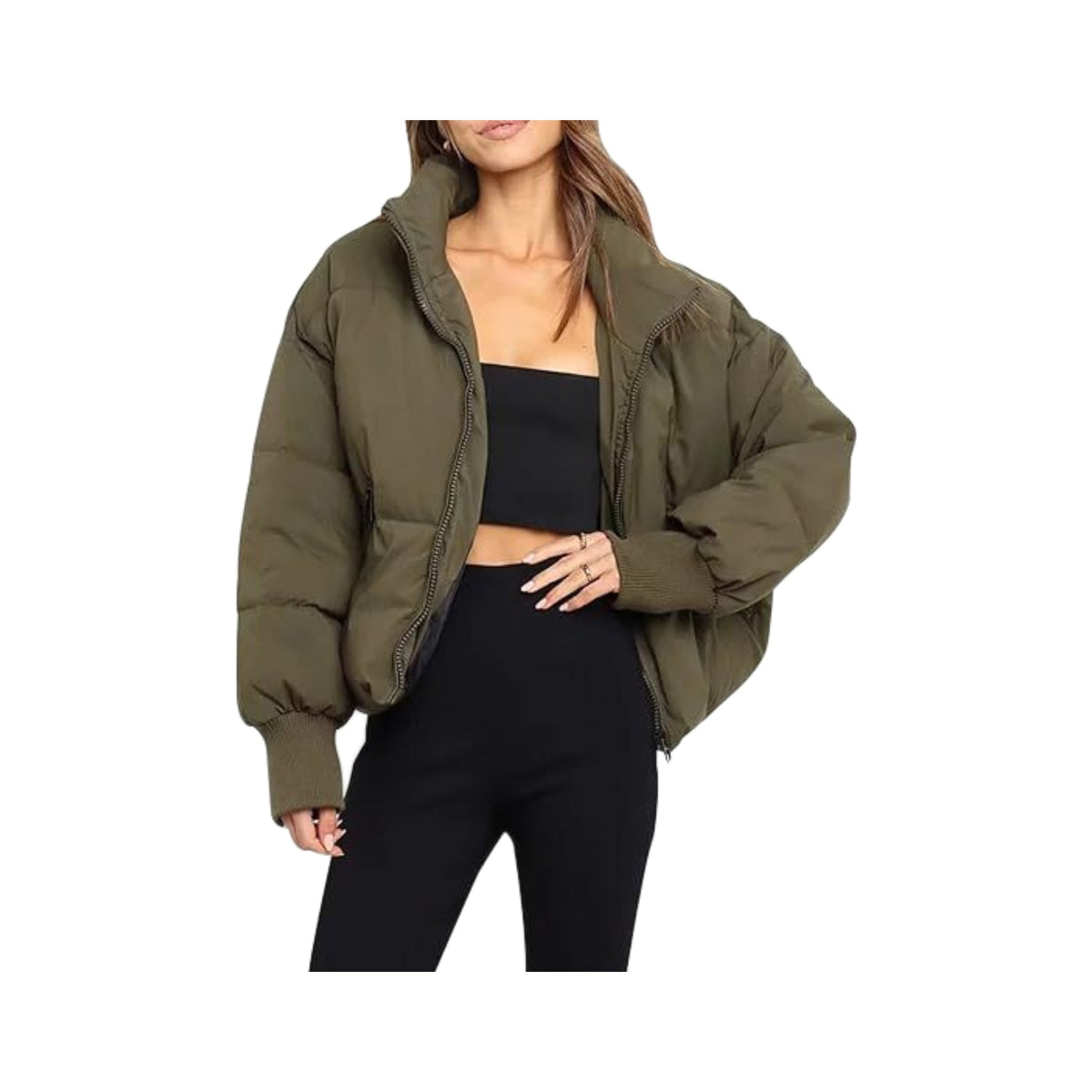 Women's Short Puffer in Army Green, photographed on a white background