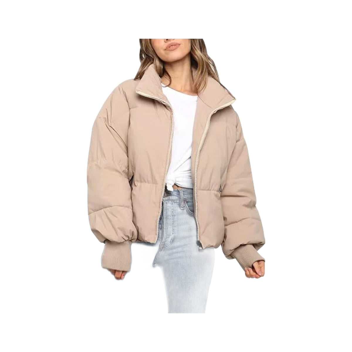 Women's Short Puffer in Khaki, photographed on a white background