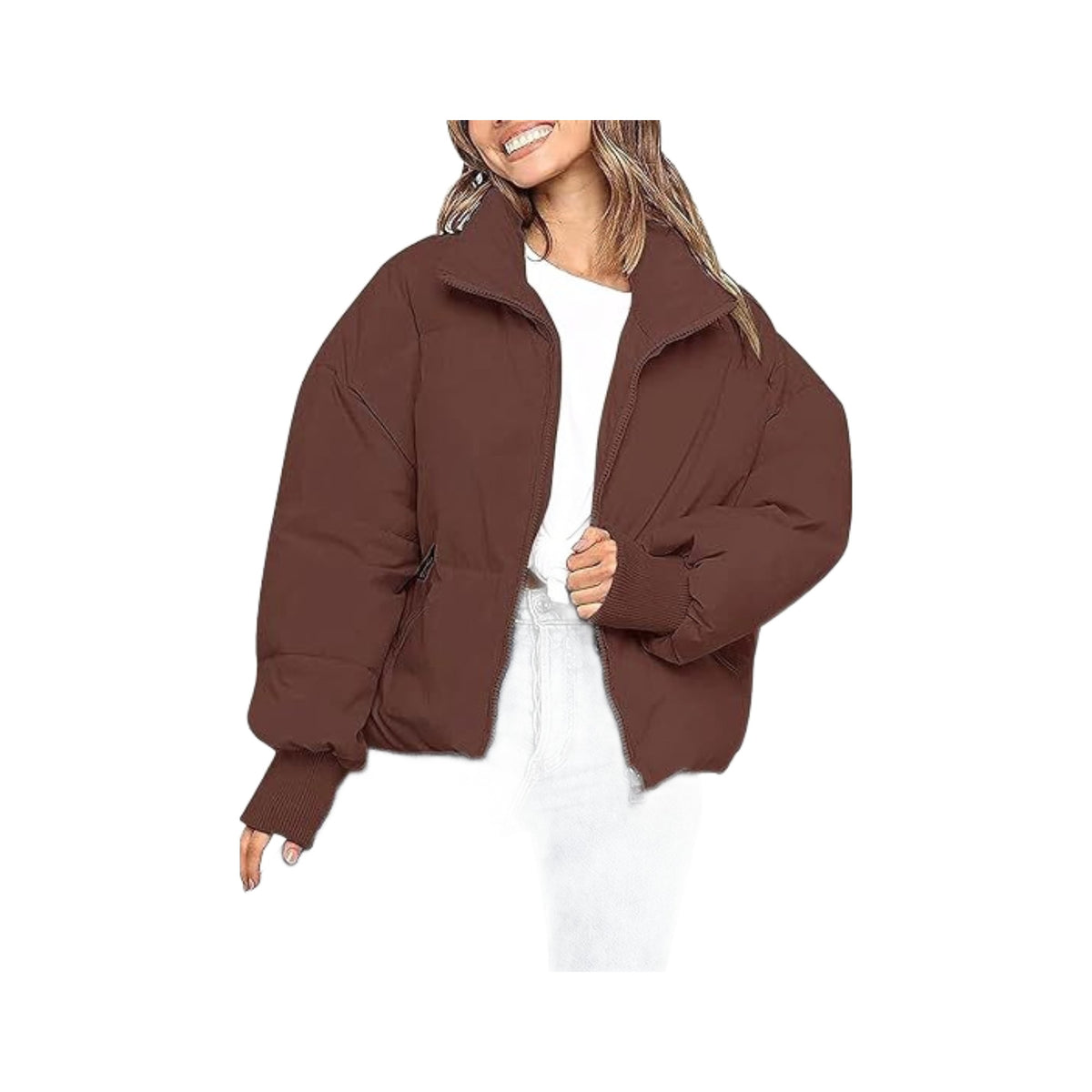 Women's Short Puffer in Brown, photographed on a white background