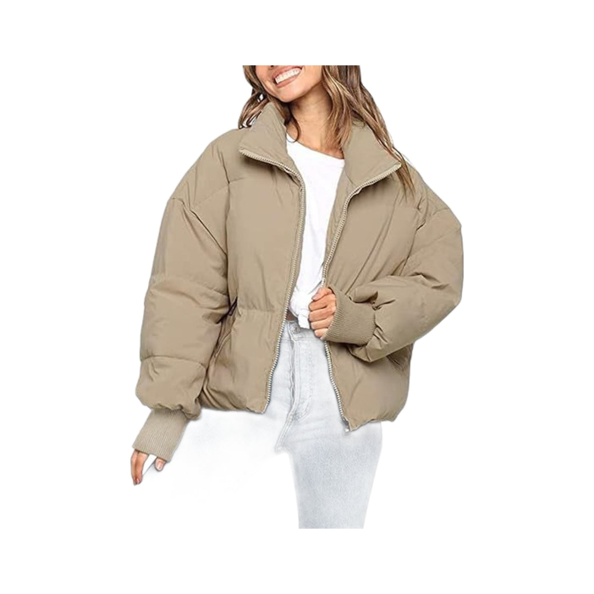 Women's Short Puffer in Dark Khaki, photographed on a white background