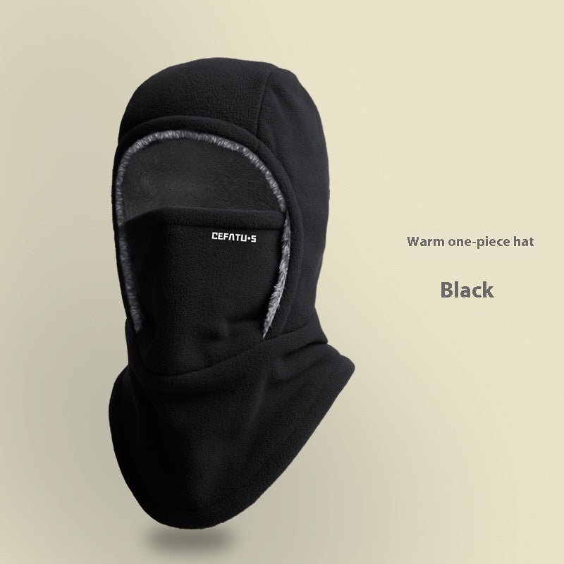 Black fleece hood with face panel, contrasting lining and small white supplier logo