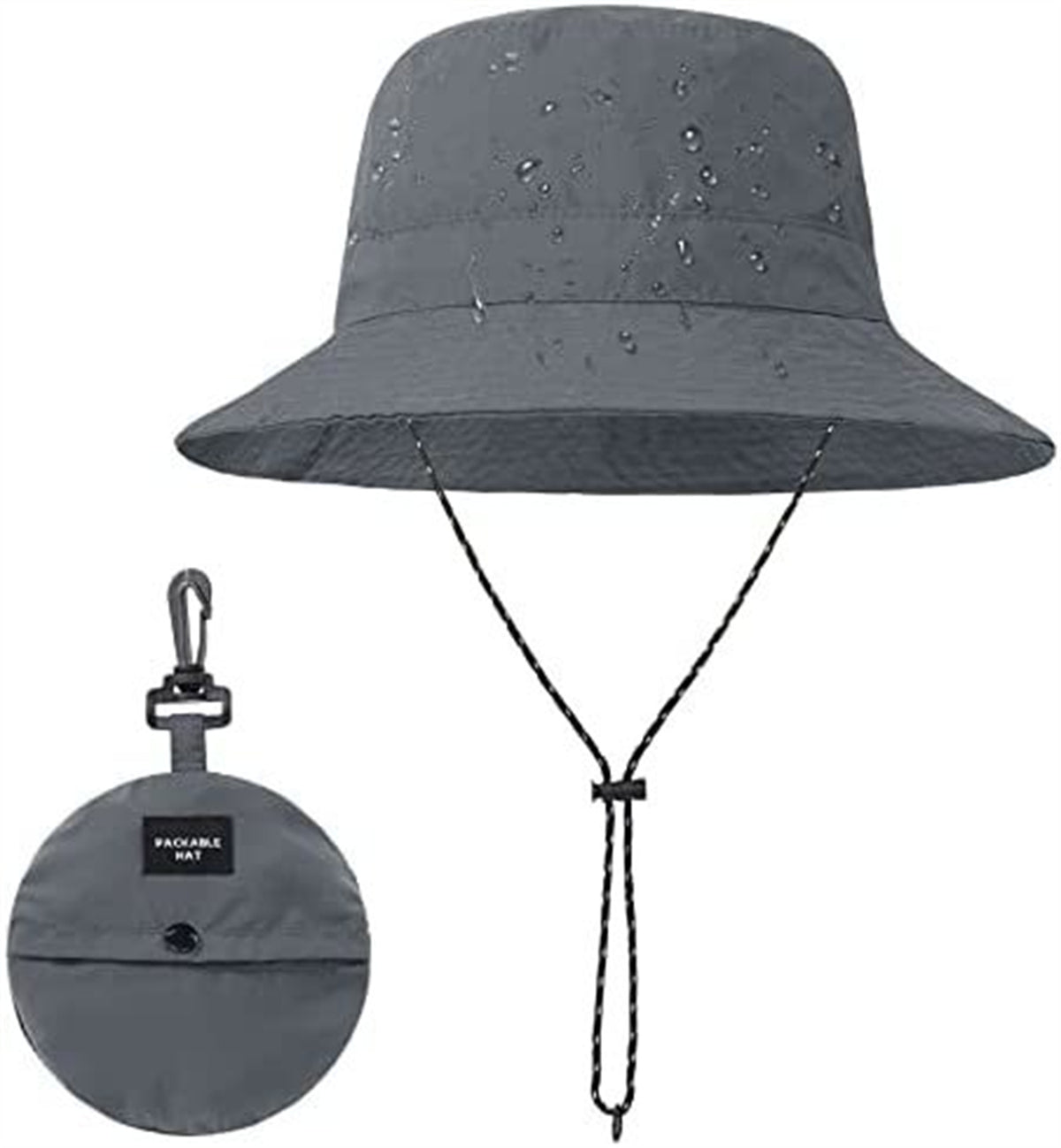Dark grey bucket hat with chin cord, shown unfolded and packed into its pouch