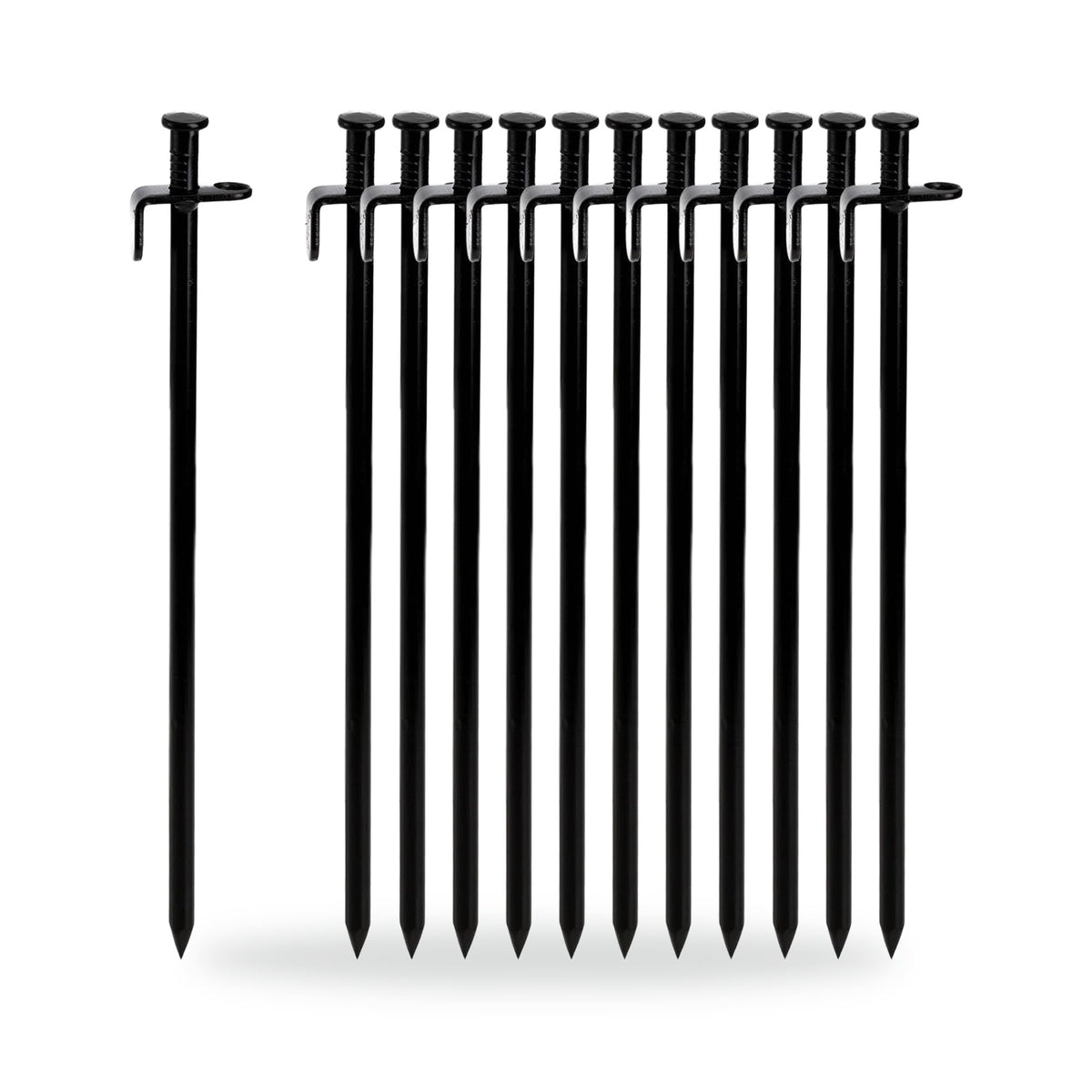 Heavy-Duty Steel Tent Stakes — 12 Pack, photographed on a white background