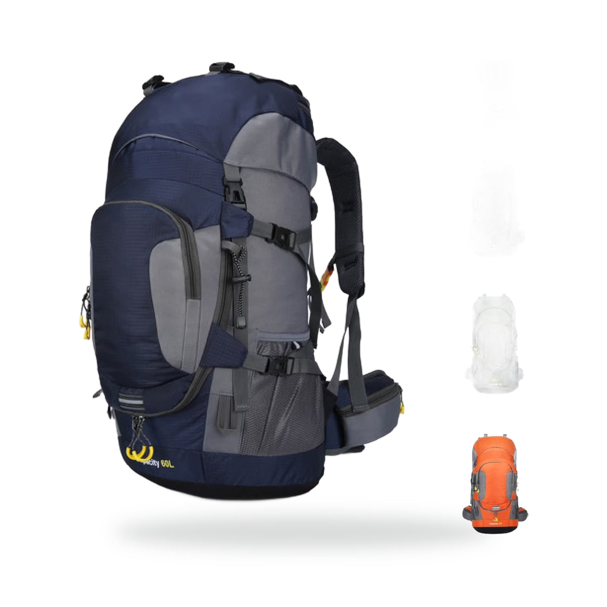 60L Trail Backpack with Rain Cover — Navy, photographed on a white background