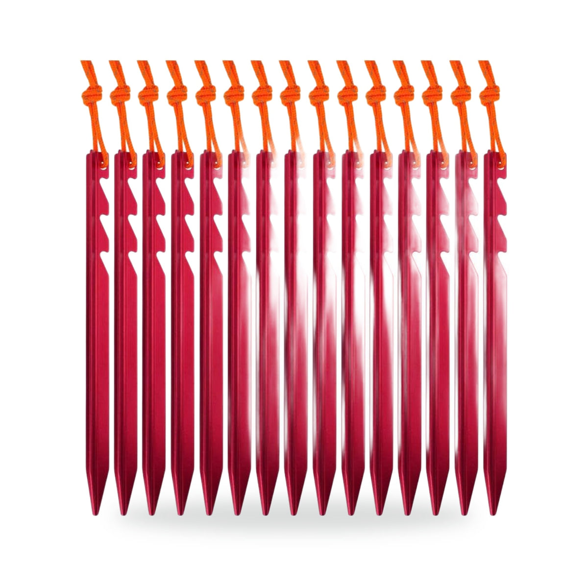 7075 Aluminium Tent Stakes with Reflective Cord — 15 Pack, photographed on a white background