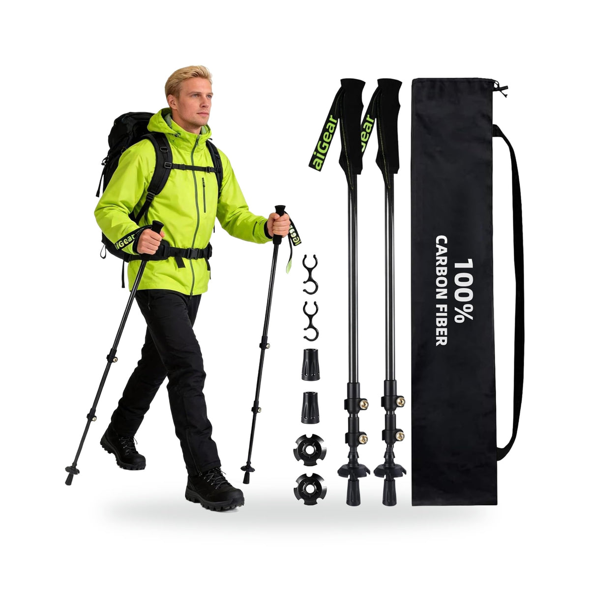 aiGear Carbon Fibre Trekking Poles — Pair, photographed on a white background