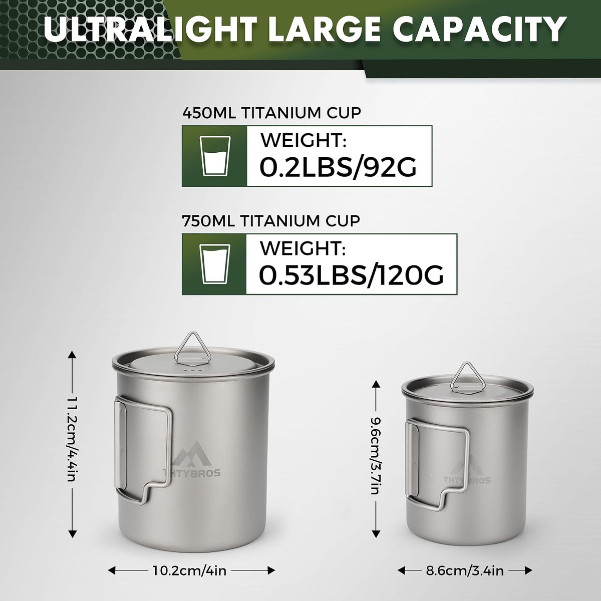 Titanium Cup 450Ml (15Oz) Ultralight Camping Mug with Foldable Handle & Lid, Pure Titanium Cookware for Outdoor Hiking, Backpacking, Picnic, and Campfire