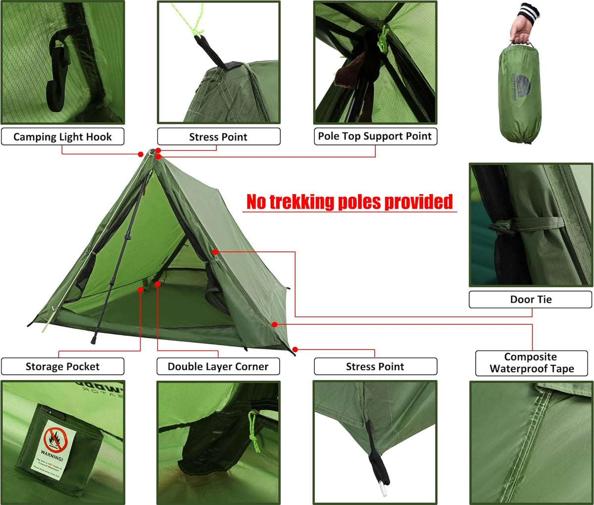 2 Person Trekking Pole Tent, Ultralight Camping Backpacking Tent (NO Poles)
