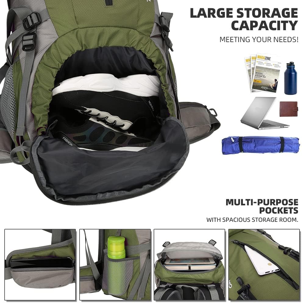 70L Hiking Backpack with Rain Cover Lightweight Waterproof Travel Camping Backpack Large Backpacking Pack