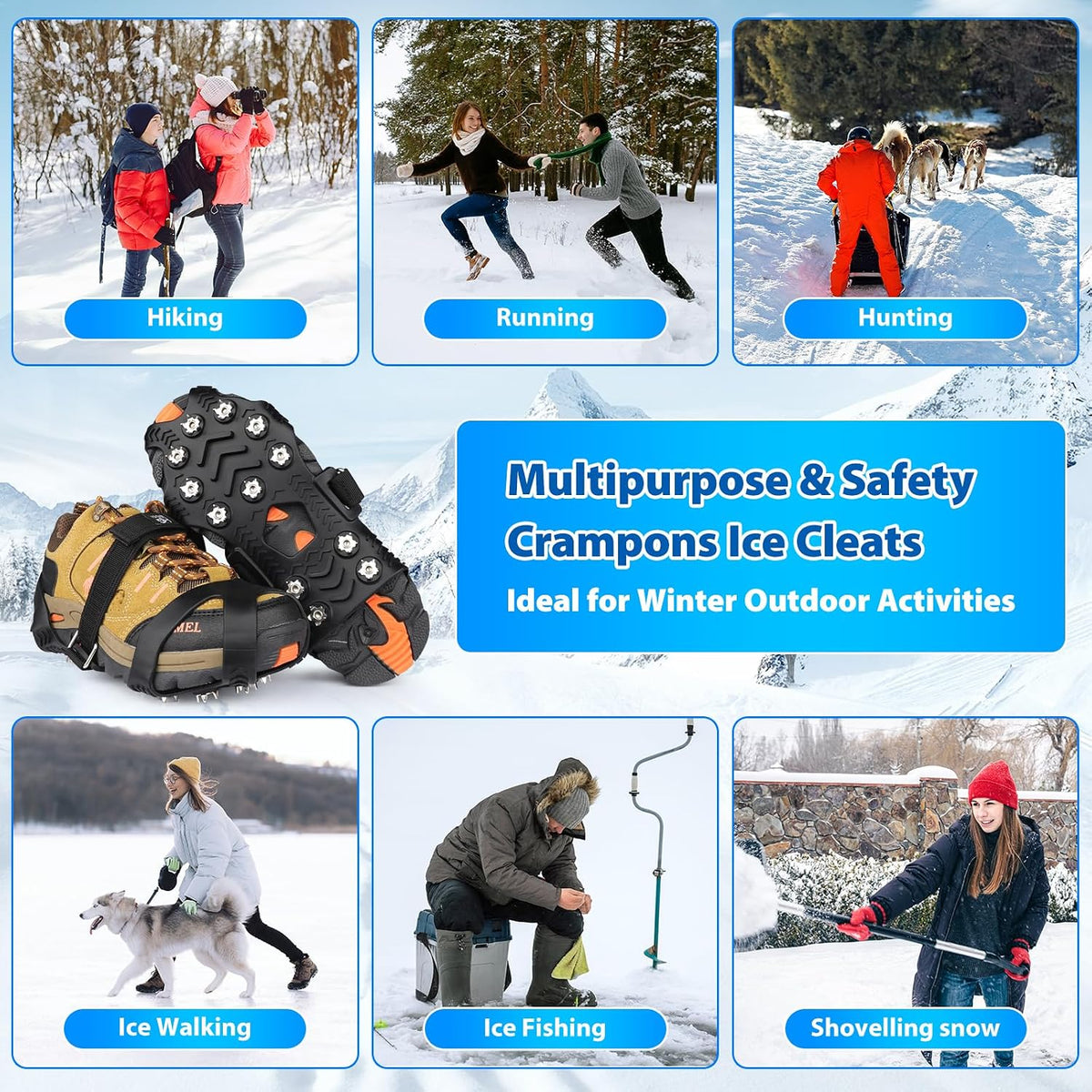 Crampons, Ice Cleats for Shoes and Boots with 12 Stainless Steel Spikes Non-Slip Ice Shoes Grippers Traction Cleats for Snow Ice, Winter Hiking, Walking, Fishing, Climbing for Women Men Kids