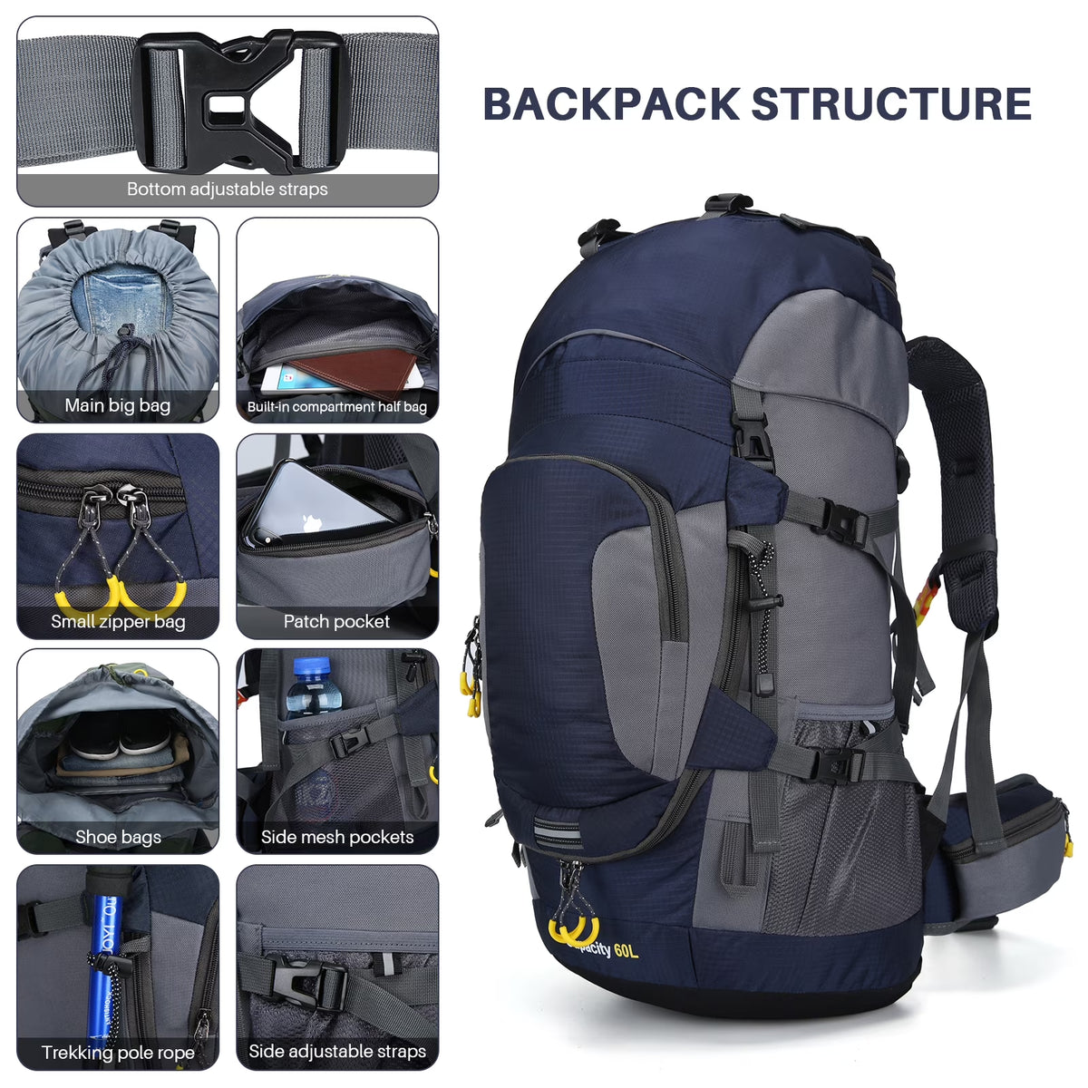 60L Hiking Backpack, Water Resistant Travel Backpack with Rain Cover, Lightweight Outdoor Camping Backpack for Men Women, Navy