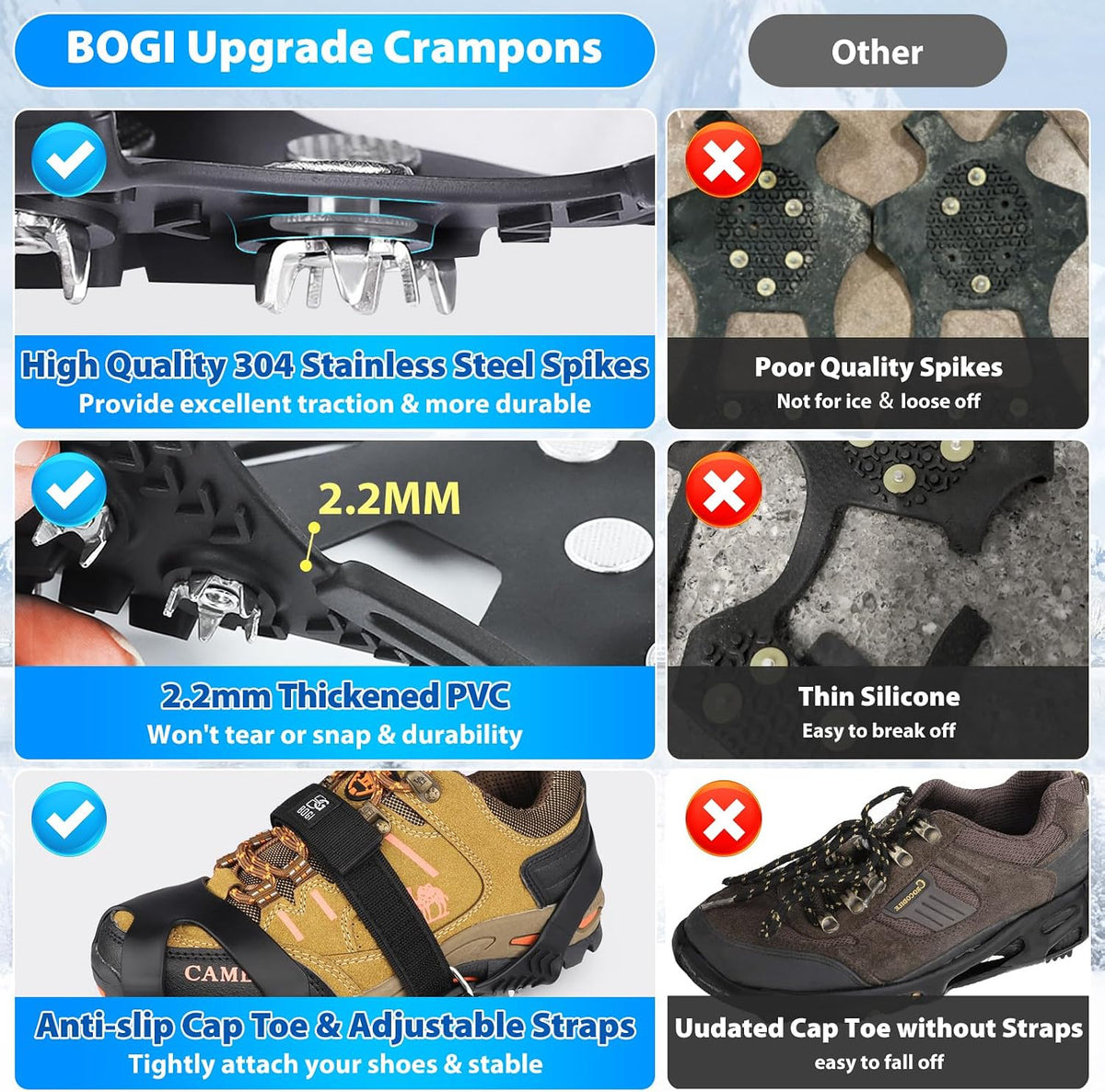 Crampons, Ice Cleats for Shoes and Boots with 12 Stainless Steel Spikes Non-Slip Ice Shoes Grippers Traction Cleats for Snow Ice, Winter Hiking, Walking, Fishing, Climbing for Women Men Kids