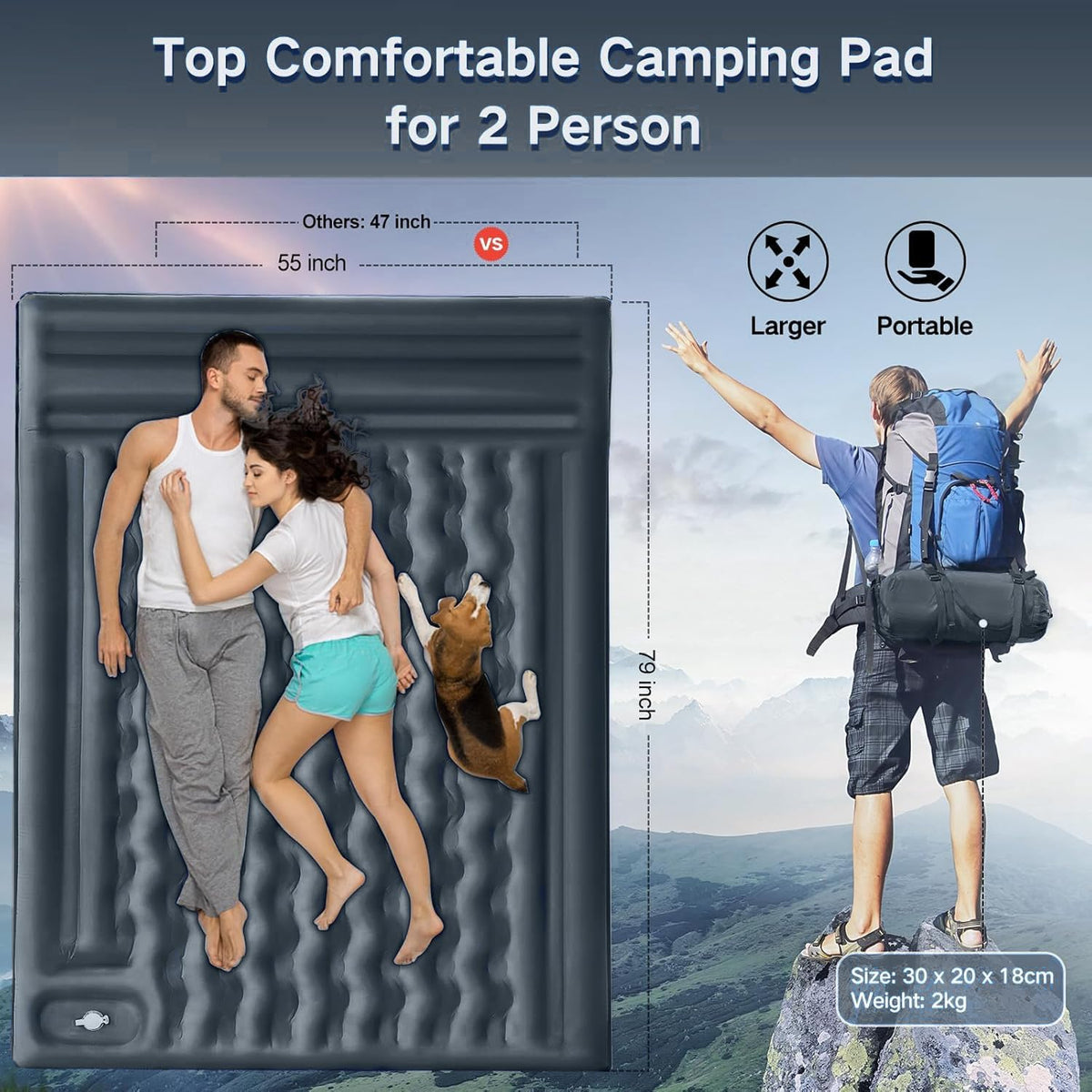 Double Sleeping Pad Camping with Pillow & Built-In Foot Pump
