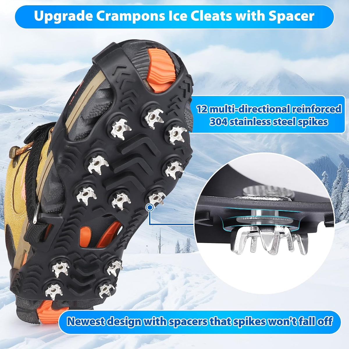 Crampons, Ice Cleats for Shoes and Boots with 12 Stainless Steel Spikes Non-Slip Ice Shoes Grippers Traction Cleats for Snow Ice, Winter Hiking, Walking, Fishing, Climbing for Women Men Kids
