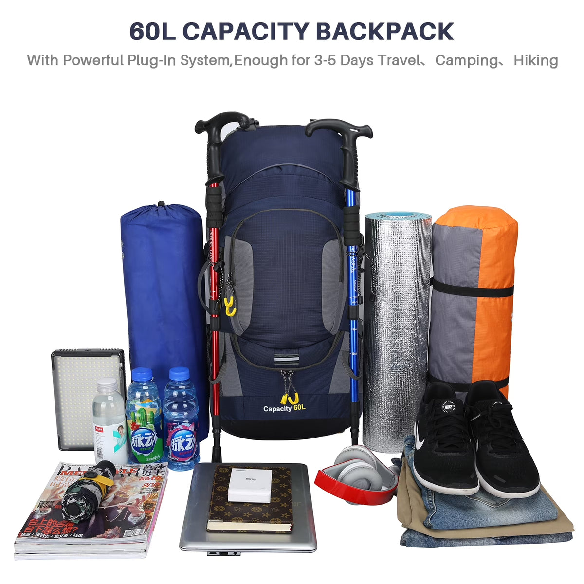60L Hiking Backpack, Water Resistant Travel Backpack with Rain Cover, Lightweight Outdoor Camping Backpack for Men Women, Navy
