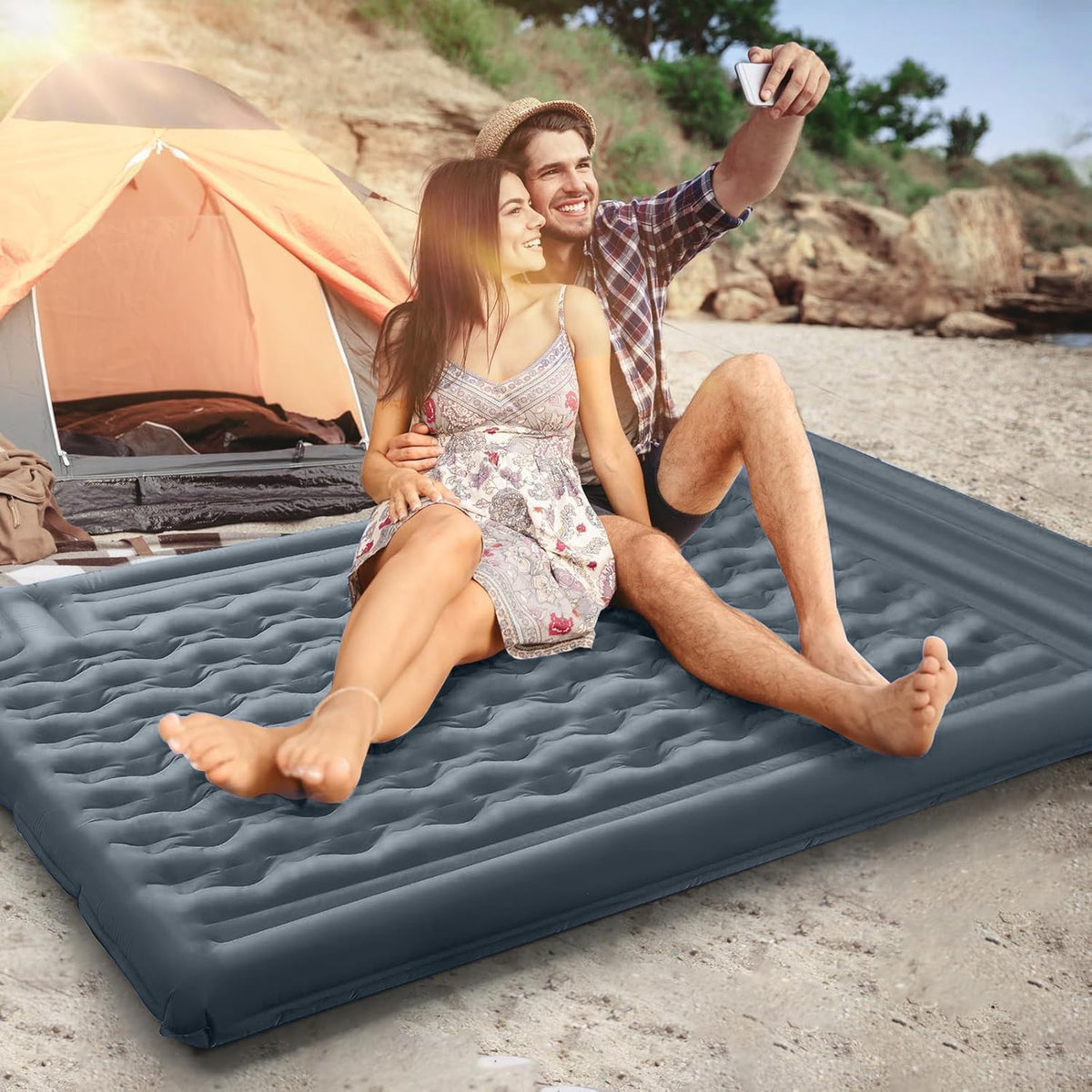 Double Sleeping Pad Camping with Pillow & Built-In Foot Pump