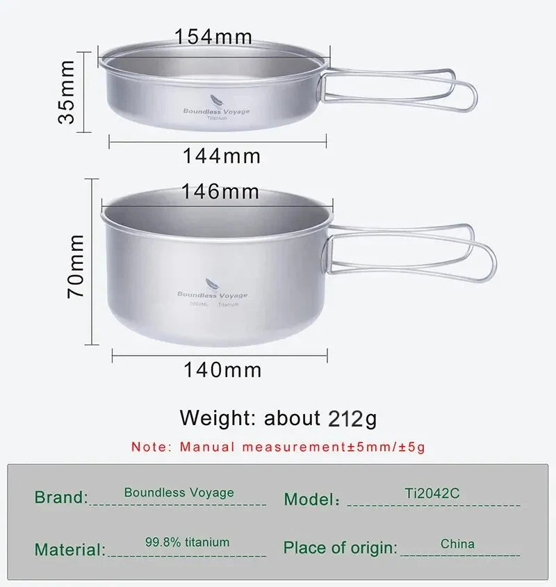 Titanium Pot Pan Set with Folding Handles Camping Cookware Hiking