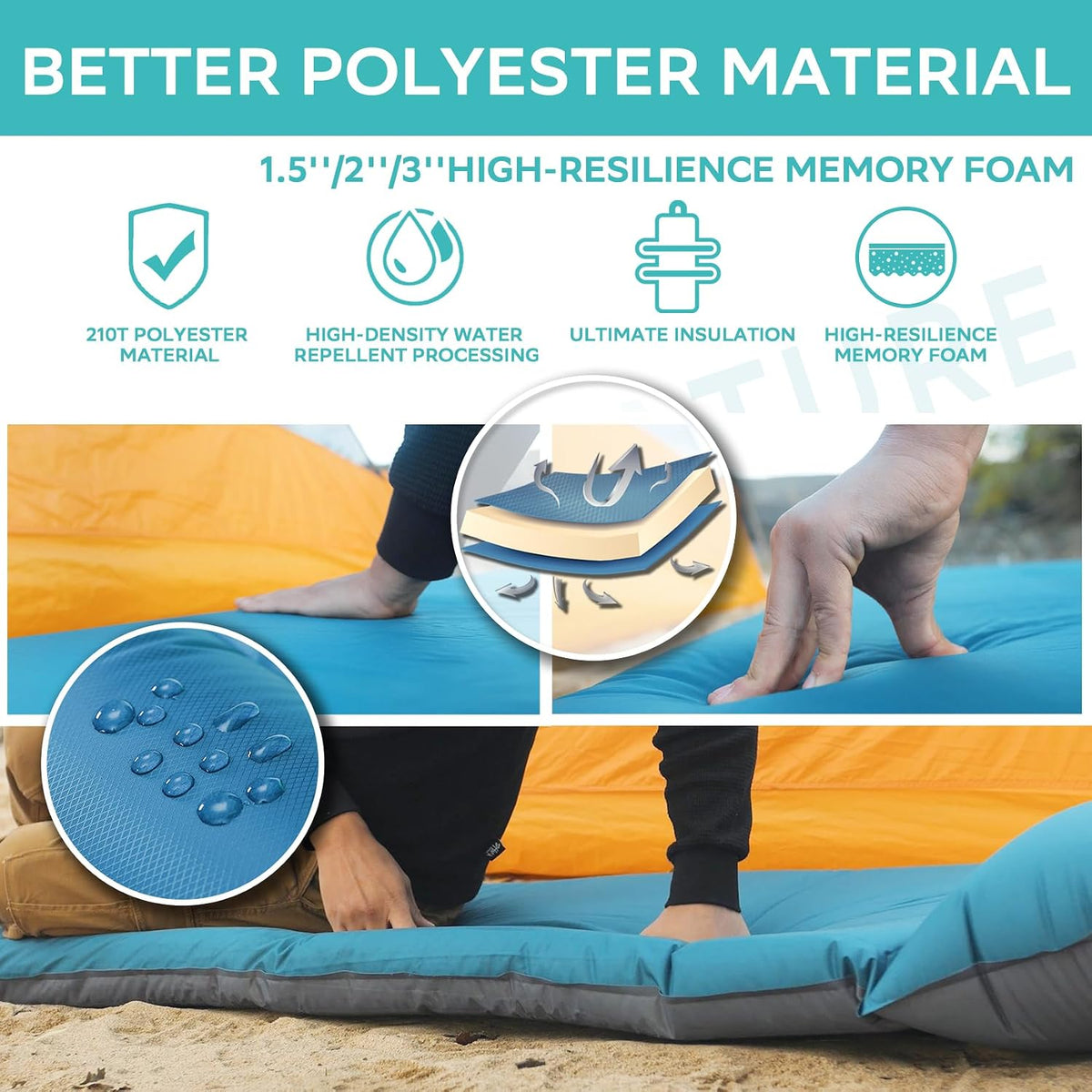 1.5In Lightweight Self Inflating Sleeping Pad for Camping | 210T Polyester, 4 R-Value, Memory Foam Mattress Pad, Pillow, Comfort, Insulated, Waterproof, Sleeping Mat for Backpacking