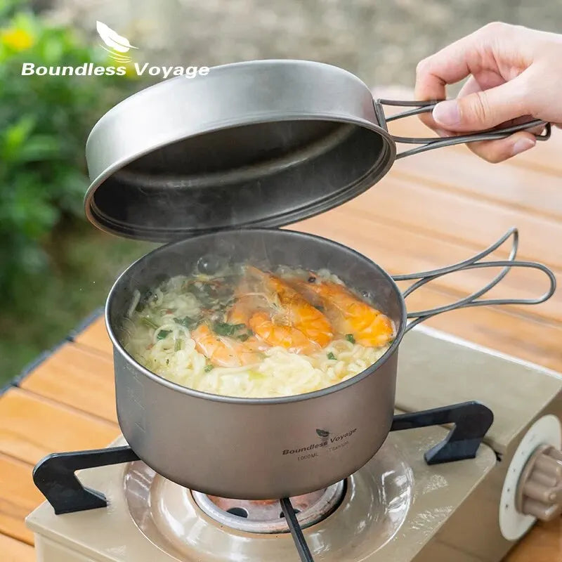 Titanium Pot Pan Set with Folding Handles Camping Cookware Hiking