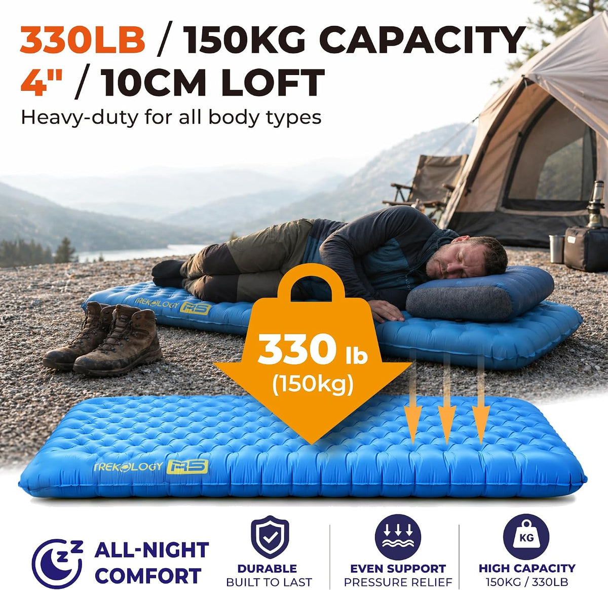 Insulated Sleeping Pad Backpacking Ultralight - Sgs-Certified 5.5 High R Value Mat, 4" Thick 75X25” Wide Rectangular Mattress for Camping, 150Kg Capacity, 28Oz, ALUFT R5