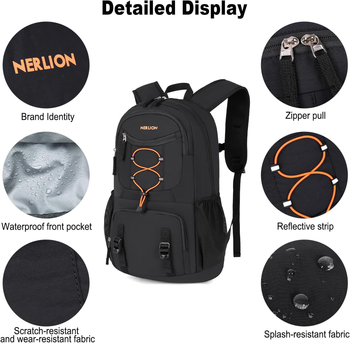 Nerlion 35L Hiking Backpack Travel Backpack for Men Women Camping Waterproof Outdoor Hiking Daypack Lightweight Backpack Black Orange