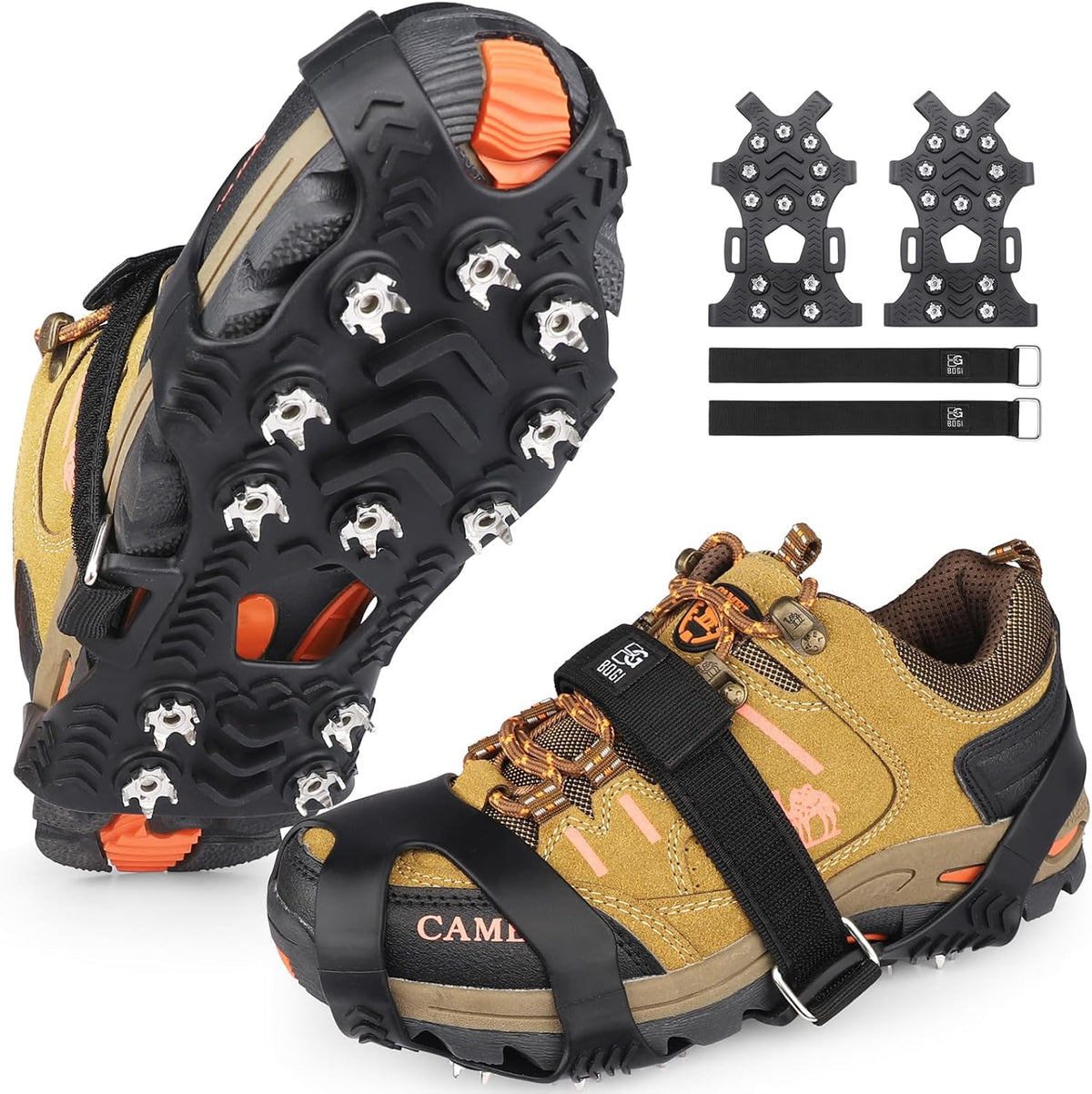 Crampons, Ice Cleats for Shoes and Boots with 12 Stainless Steel Spikes Non-Slip Ice Shoes Grippers Traction Cleats for Snow Ice, Winter Hiking, Walking, Fishing, Climbing for Women Men Kids