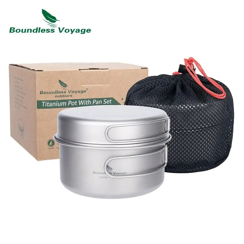 Titanium Pot Pan Set with Folding Handles Camping Cookware Hiking