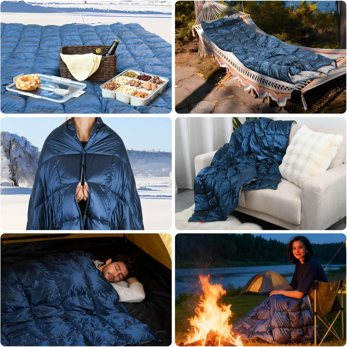 Down Camping Blanket - Lightweight, Packable, Warm & Puffy Outdoor Travel Quilt for Sleep, Hiking, Backpacking, Stadium, Festivals, Water-Resistant Sleeping Bag 55"X79"