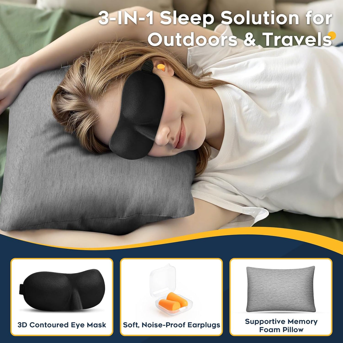 Camping Pillow Set with Travel Pillow, Eye Mask, Earplugs Large | Compact Travel Pillow Set, Neck Pillow, Camping Backpacking Fights Car Trips, Washable Cover, Adjustable Shredded Memory Foam