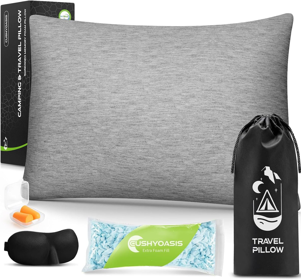 Camping Pillow Set with Travel Pillow, Eye Mask, Earplugs Large | Compact Travel Pillow Set, Neck Pillow, Camping Backpacking Fights Car Trips, Washable Cover, Adjustable Shredded Memory Foam