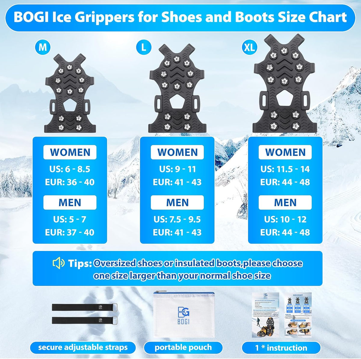 Crampons, Ice Cleats for Shoes and Boots with 12 Stainless Steel Spikes Non-Slip Ice Shoes Grippers Traction Cleats for Snow Ice, Winter Hiking, Walking, Fishing, Climbing for Women Men Kids