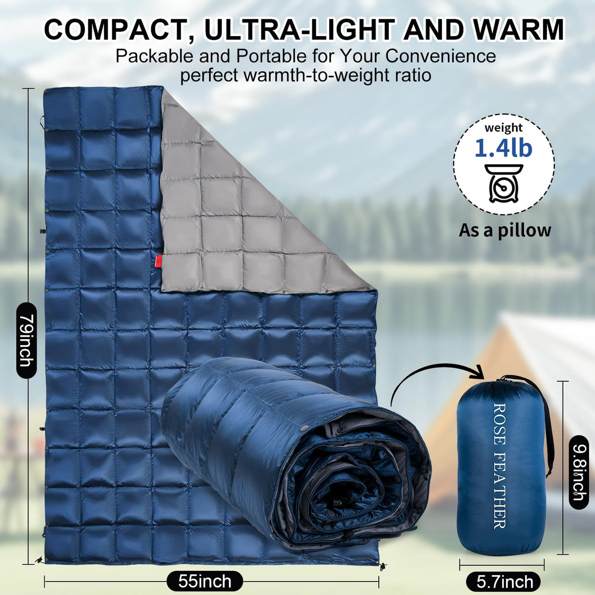 Down Camping Blanket - Lightweight, Packable, Warm & Puffy Outdoor Travel Quilt for Sleep, Hiking, Backpacking, Stadium, Festivals, Water-Resistant Sleeping Bag 55"X79"