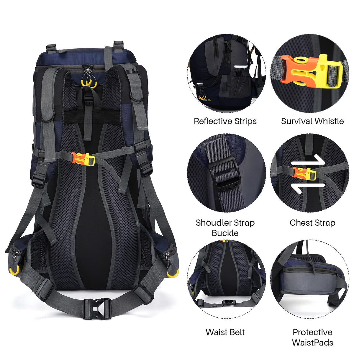 60L Hiking Backpack, Water Resistant Travel Backpack with Rain Cover, Lightweight Outdoor Camping Backpack for Men Women, Navy