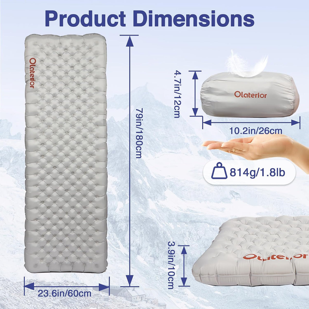 Insulated Sleeping Pad 7.2 R-Value for Cold Weather, 3.9” Thick Ultralight Inflatable Sleeping Pad with Pump Sack, Lightweight Camping Sleeping Mat for Backpacking, Hiking, Compact 28Oz