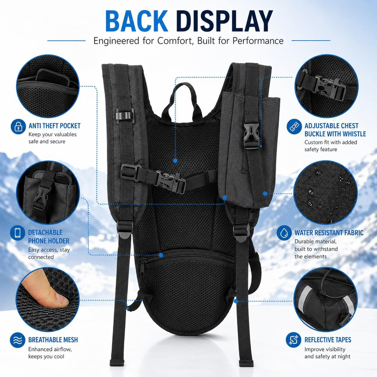 Lightweight Hydration Backpack 2L Water Bladder Pack for Running, Cycling, Hiking – Anti-Theft Water Backpack with Phone Holder, Trekking Pole Holder & Reflective Strips for Men & Women