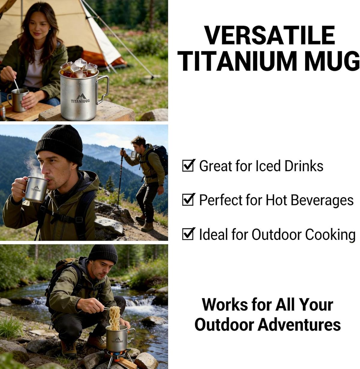 Titanium Cup 450Ml (15Oz) Ultralight Camping Mug with Foldable Handle & Lid, Pure Titanium Cookware for Outdoor Hiking, Backpacking, Picnic, and Campfire
