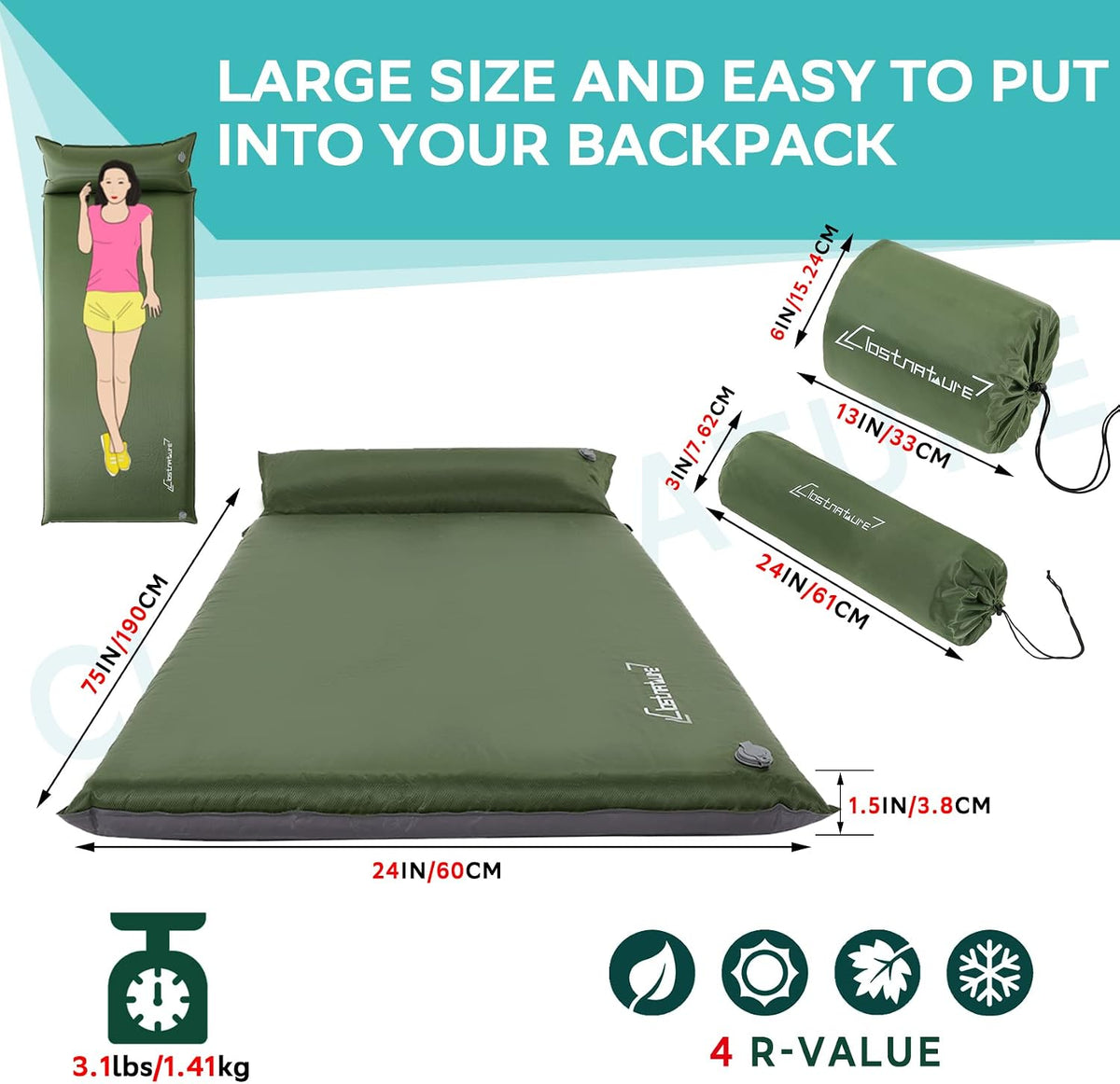 1.5In Lightweight Self Inflating Sleeping Pad for Camping | 210T Polyester, 4 R-Value, Memory Foam Mattress Pad, Pillow, Comfort, Insulated, Waterproof, Sleeping Mat for Backpacking