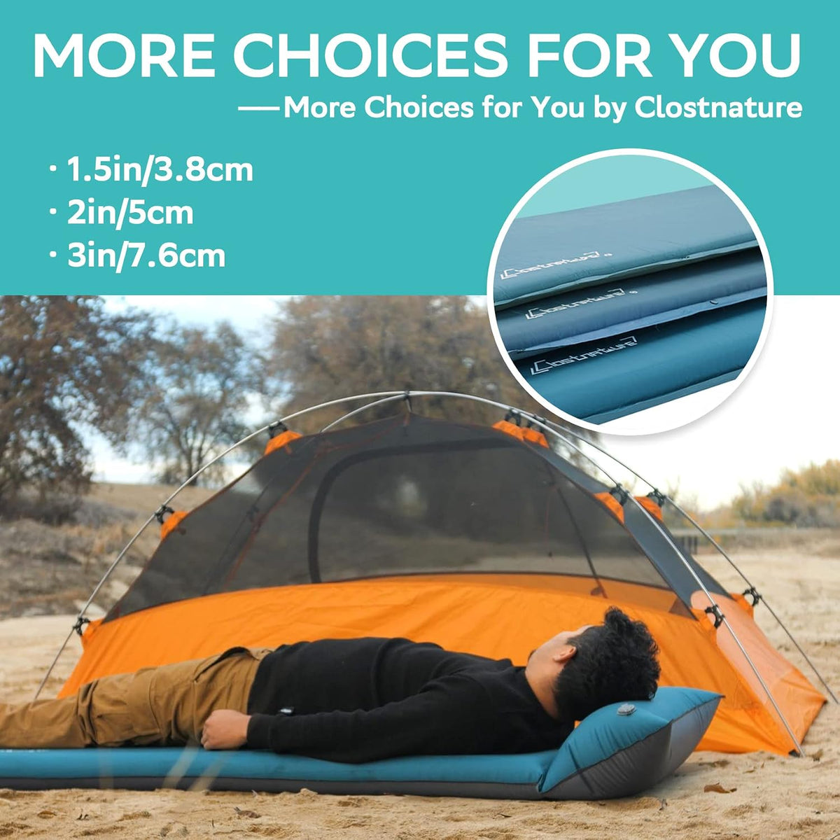 1.5In Lightweight Self Inflating Sleeping Pad for Camping | 210T Polyester, 4 R-Value, Memory Foam Mattress Pad, Pillow, Comfort, Insulated, Waterproof, Sleeping Mat for Backpacking