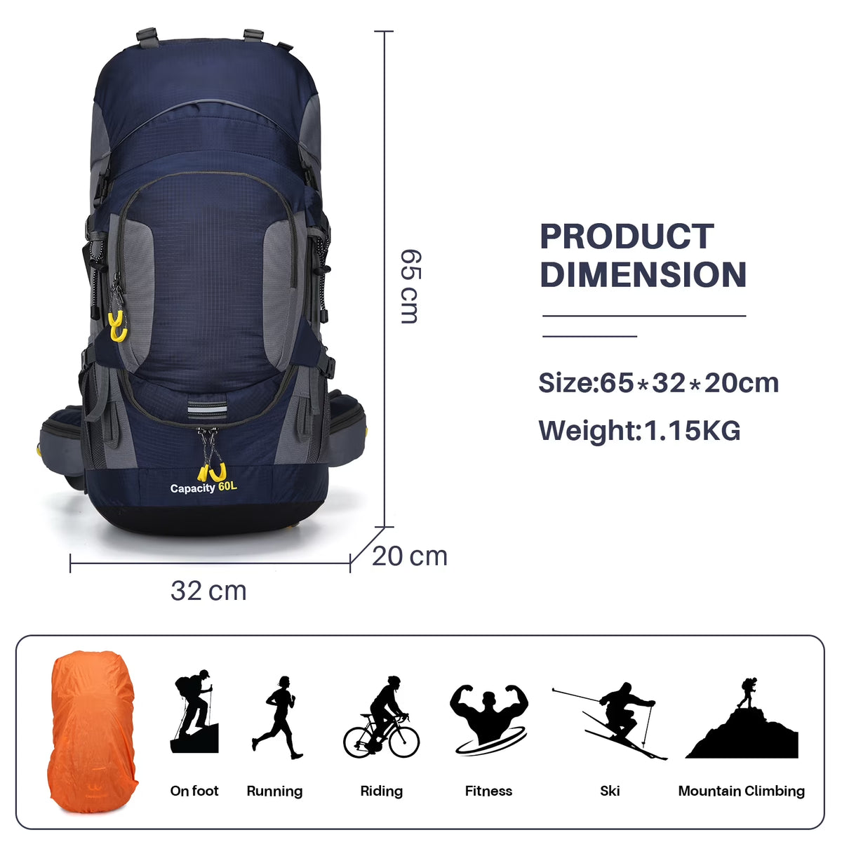 60L Hiking Backpack, Water Resistant Travel Backpack with Rain Cover, Lightweight Outdoor Camping Backpack for Men Women, Navy